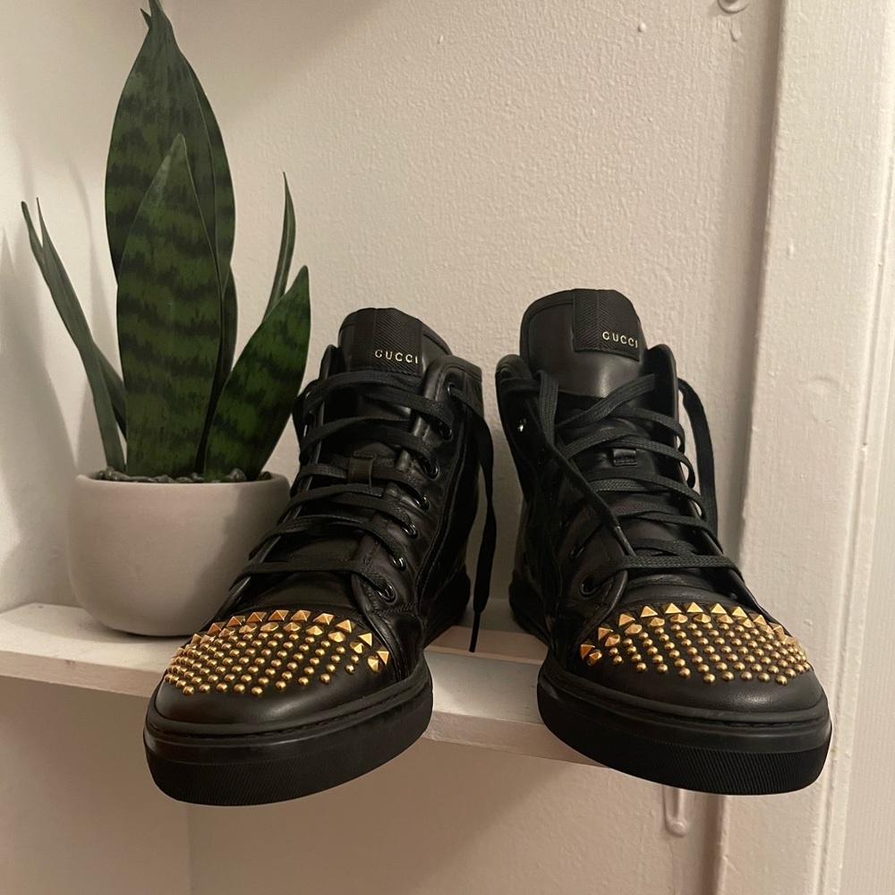 Authentic Gucci Leather California High-Top Gold Studded Sneakers